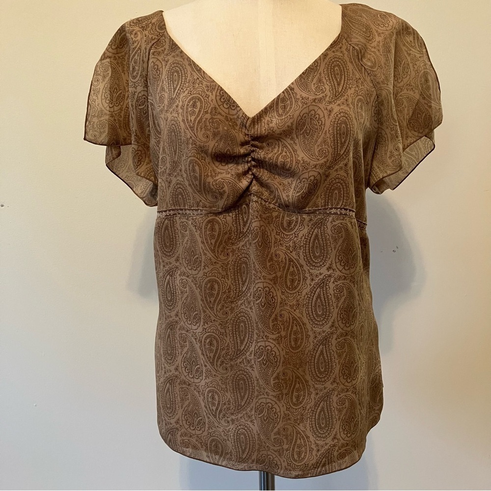 VTG Women’s Y2K Babydoll Top Sz. L Brown Paisley Lace Button Side Flutter Sleeve